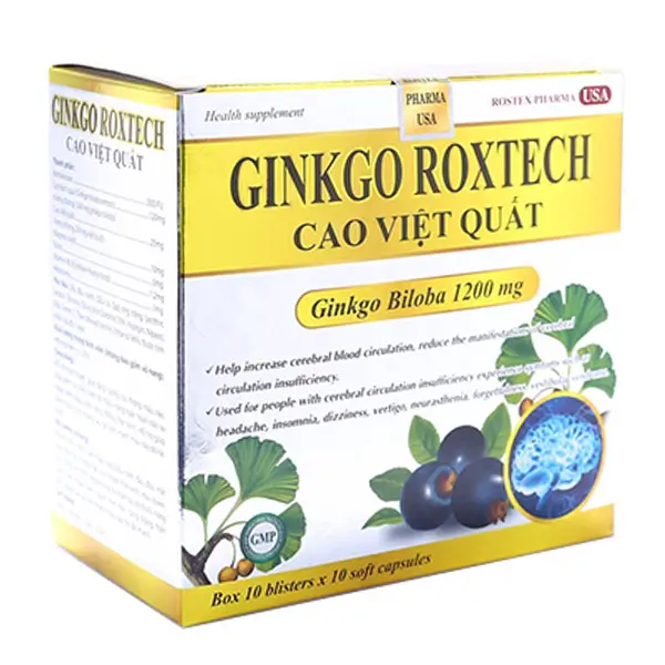 Ginkgo Roxtech Cao Việt Quất hỗ trợ hoạt huyết, hỗ trợ tăng cường lưu thông máu não (Hộp 10 vỉ x 10 viên)